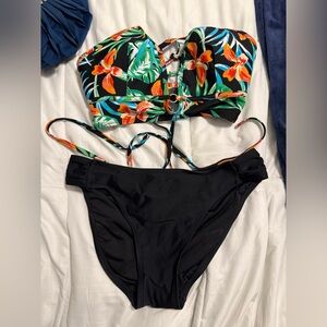 Time and Tru Floral Bikini - Black, Orange, Green
